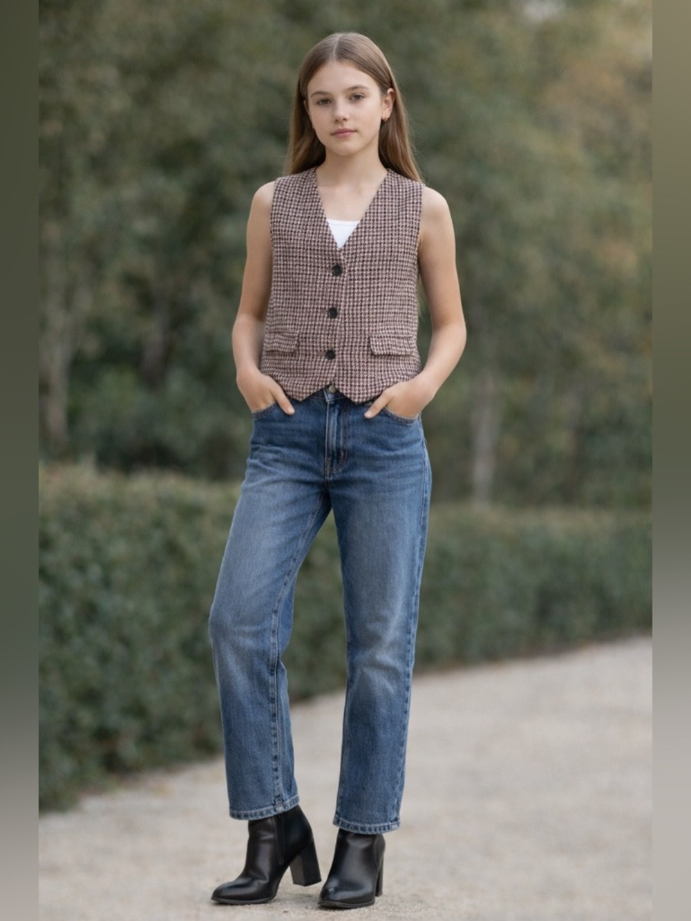 🤎✨ Houndstooth Button Up Vest Lined Brown Girls Size 13-14 | Zara